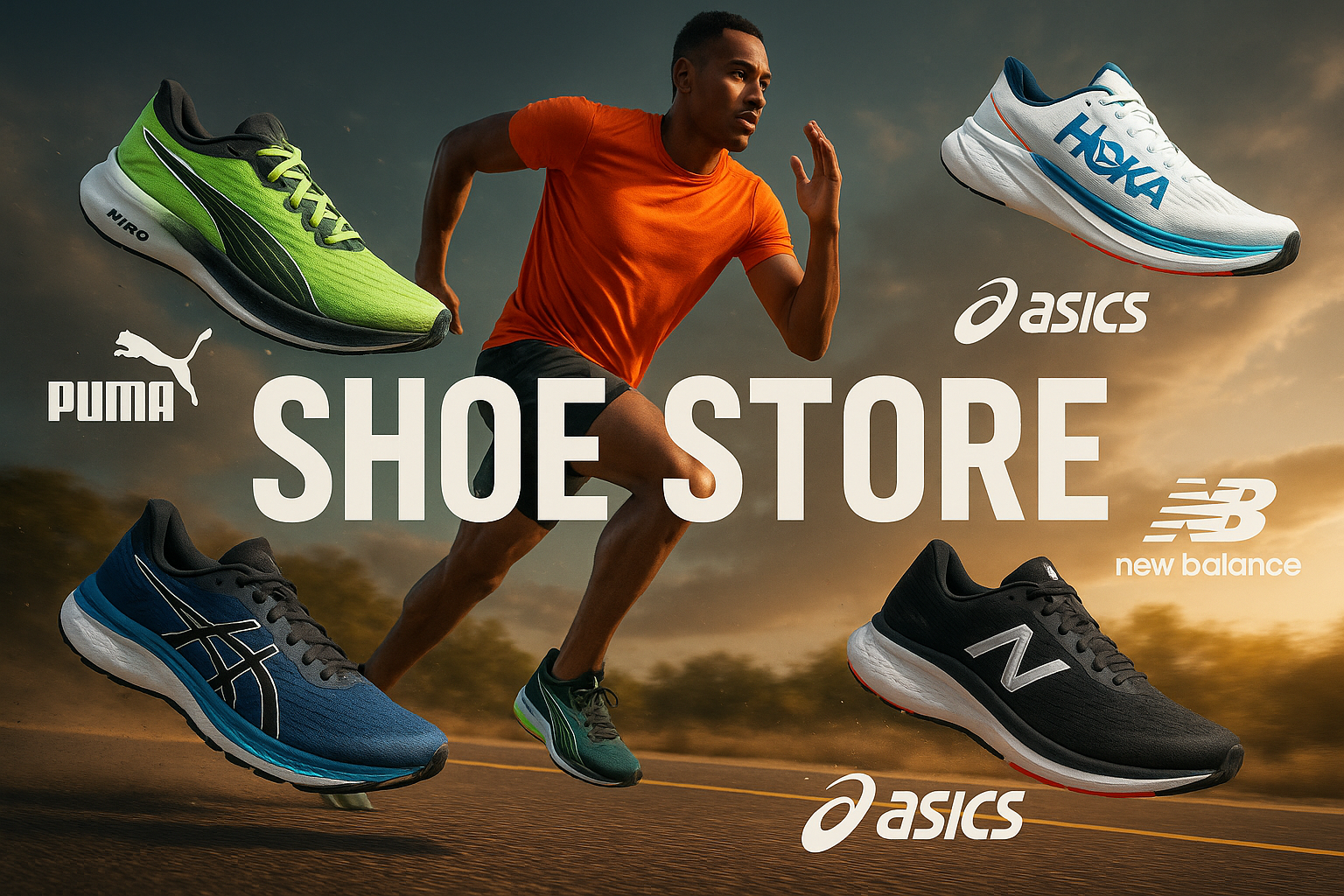 make the bannner page for my shoe store all brands shoe show in real like sport shoe puma nitro rb,hoka,asics and new balance the banner is like real in road running a men and attractive banner make please
